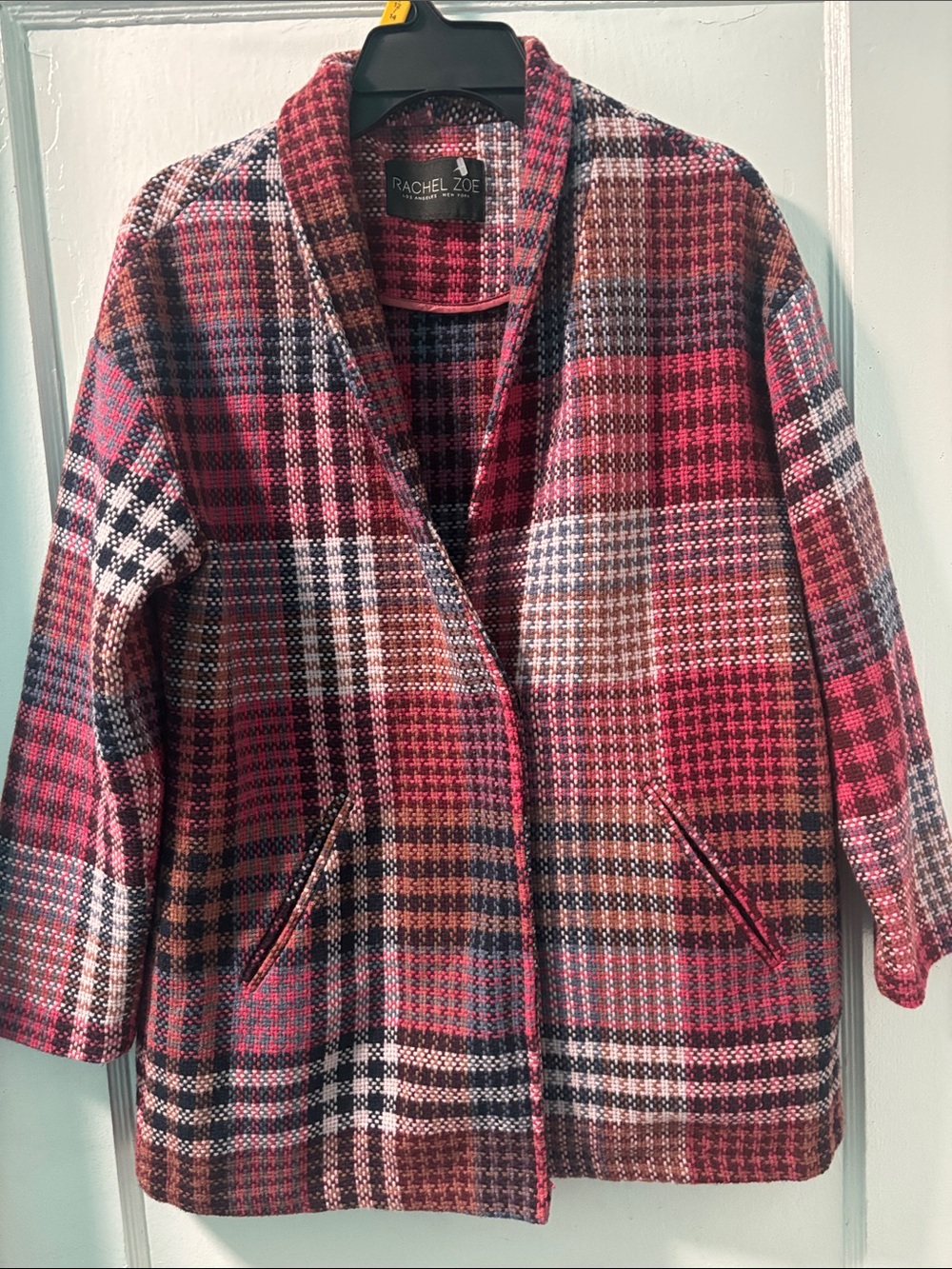 Rachel Zoe Red and Pink Plaid Shawl-Collar Blazer